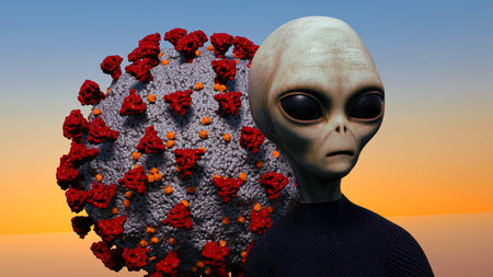 Grey Alien and Coronavirus 3D image