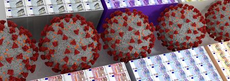 Coronavirus Covid-19 Virus and Money stack 3d imageの写真素材