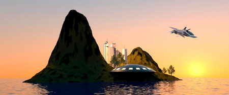 Earth like Exoplanet with Spaceship 3d imageの写真素材