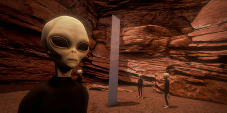Alien Monolith Metal Object with Grey Alien in the desert. Extremely detailed and realistic high resolution 3d image.の写真素材