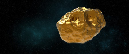 Golden Asteroid 16 Psyche in Space. Extremely detailed high resolution 3d render