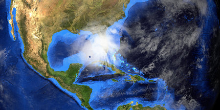 Hurricane Ida approaching the Gulf of Mexico. Extremely detailed and realistic high resolution 3d...