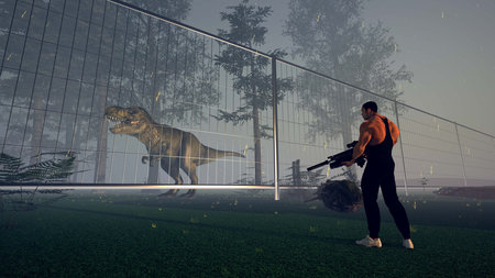 Dinosaur behind a fence. Extremely detailed and realistic high resolution 3D renderの写真素材