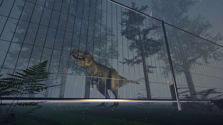 Dinosaur behind a fence. Extremely detailed and realistic high resolution 3D renderの写真素材