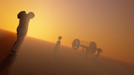 Alien encounter on Mars. Realistic 3D illustration showing martian terrainの写真素材