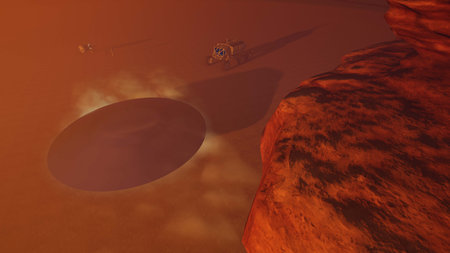 Alien encounter on Mars. Realistic 3D illustration showing martian terrainの写真素材
