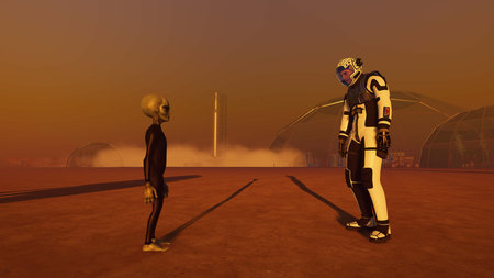 Alien encounter on Mars. Realistic 3D illustration showing martian terrainの写真素材