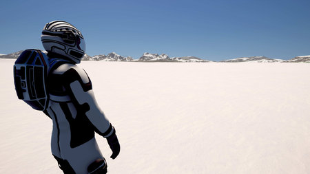 Astronauts on snowy alien winter landscape. Realistic 3D illustrationの写真素材