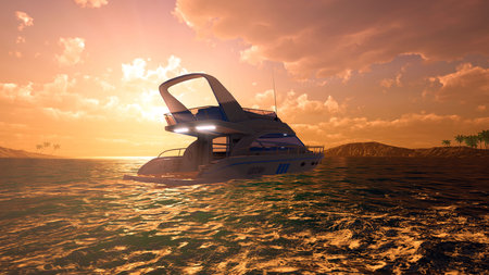 Luxury Motor Yacht on the ocean at sunset. Extremely detailed and realistic high resolution 3D renderの写真素材
