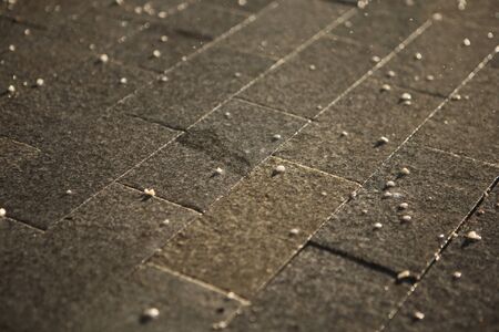 contrasty filled frame background wallpaper photo of dark wet shiny tile with drops of rain and water, reflecting the rays of light of the yellow sunの写真素材
