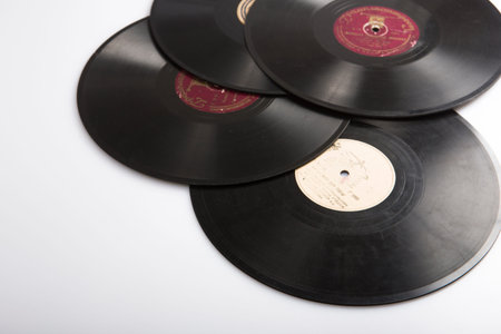 MOSCOW / RUSSIA - 04/05/2020 flat lay copy space shot of a stack of four old Soviet phonograph...