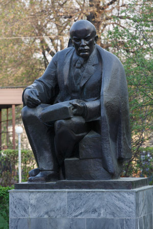 MOSCOW / RUSSIA - 20/04/2019 close up shot of a black forged copper sculpture of Vladimir Lenin...