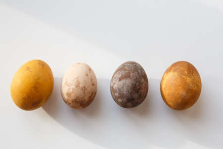 a row of four original, unique colorful dragon or dinosaur looking like chicken Easter eggs, dyed with natural products (red wine, tea, coffee, carrots, turmeric, soy sauce) on a white backgroundの写真素材