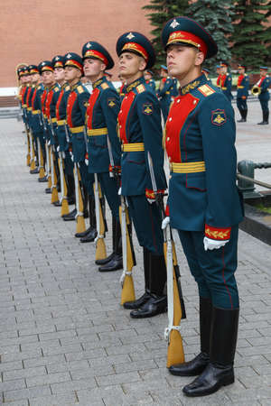 MOSCOW, RUSSIA 07/03/2021: Sea and River Fleet Workers day. Preobrazhensky Life Guards Regiment Sailors aligned in rows by the Eternal Flame at the Tomb of Unknown Soldier, Alexander gardenのeditorial素材