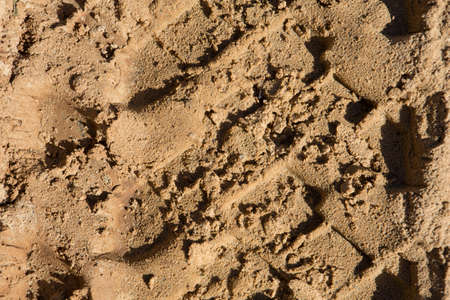 detailed filled frame background close up shot of car tire tracks, prints and marks on a muddy dusty sand road surfaceの写真素材