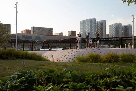 Moscow, Russia - 08.08.2021. Children playground with skate cradle bowl, tubes, net, pergola, beautiful lawn and tree. Tyufeleva Roshcha city park, Zilart. ! melk landscape architecture urban designのeditorial素材