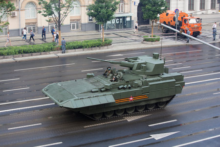 Moscow, Russia - 18.06.2020 Victory Day Parade rehearsal. Russian army T-15 Armata heavy infantry...