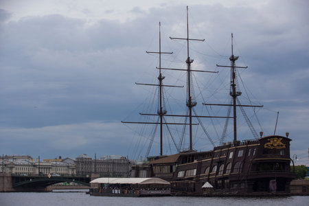 SAINT PETERSBURG, RUSSIA - 08/12/2021 Dutch wooden fluyt merchant sailing ship of XVIII century with...