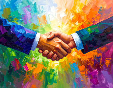 Positive oil painting of business handshake showing successful agreement. colorful abstract background illustrates creative partnership, cooperation, and finalized dealの素材