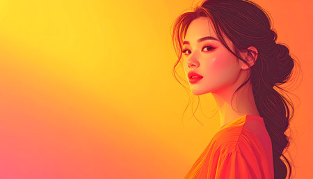A beautiful serene asian woman portrait with elegant makeup and hairstyle. fashion beauty model on warm orange background looking at cameraの素材