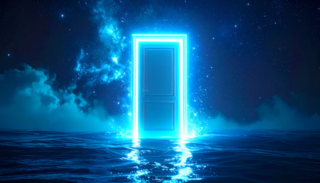 Mysterious glowing portal door stands in night, reflecting on water. This abstract fantasy background of space and future light creates an ethereal, magical conceptの素材