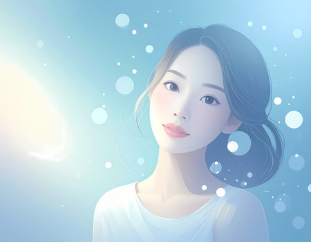 A serene illustration portrait of beautiful asian woman with gentle smile. soft light and bokeh on blue background create dreamy, peaceful, and pure atmosphere. beauty conceptの素材