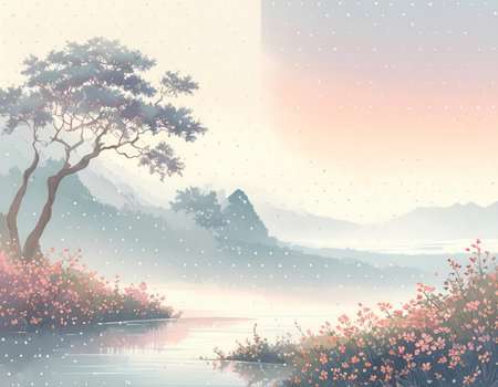 A serene watercolor landscape painting of tranquil river flowing through misty mountain valley at dawn. pink flowering tree sits by water with soft, dreamy pastel skyの素材