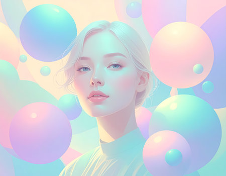 A serene portrait of beautiful fantasy woman with pastel color tones, surrounded by abstract bubble. dreamlike face evoking calm and gentle beauty in futuristic backgroundの素材