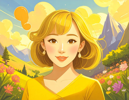 A beautiful young smiling asian woman portrait illustration. happy girl with blonde hair in nature landscape with mountain, flower field, and bright sunny backgroundの素材