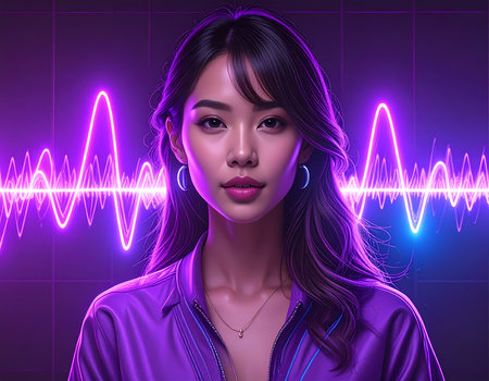 A confident young asian woman portrait with glowing purple neon light soundwave background. this technology backdrop shows an audio frequency, digital signal, and futuristic soundの素材