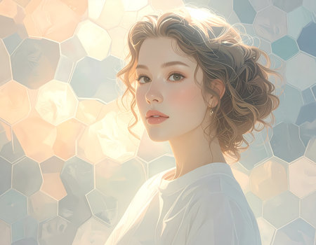 A beautiful portrait of young woman with elegant hair and serene face. soft, glowing light and abstract background create peaceful and contemplative atmosphereの素材