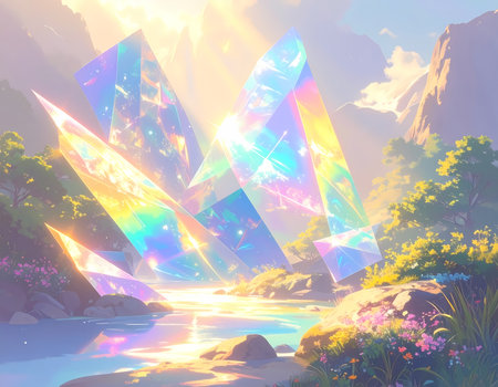 A serene fantasy landscape showing magical iridescent crystal reflecting light from sunbeam over river. nature scene with peaceful, dreamy atmosphere and glowの素材