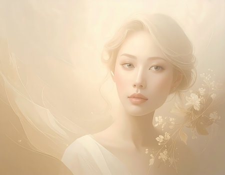 A serene portrait of beautiful asian woman holding delicate flower. elegant lady has dreamy expression with soft light creating an ethereal, gentle atmosphereの素材