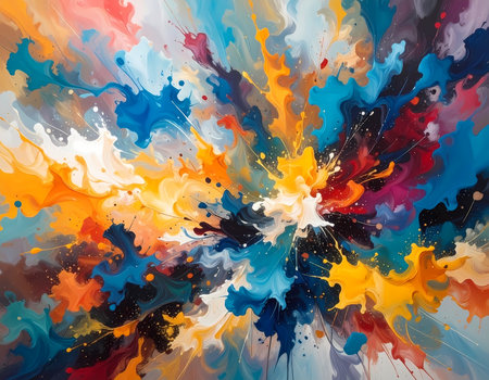 A vibrant abstract background with dynamic explosion of colorful paint. art texture and splash of color create feeling of energetic joy and powerful creative motionの素材