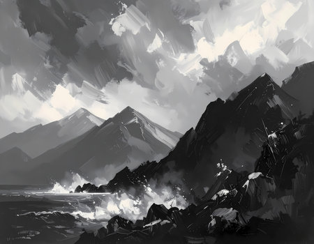 A dramatic, stormy, black and white monochrome painting of mountain landscape by sea. powerful view of nature on coast with crashing waves and moody skyの素材