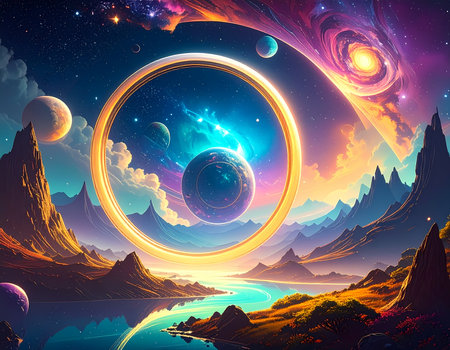 A mystical space portal, glowing golden ring, opens to colorful galaxy and nebula. this awe inspiring fantasy landscape features planet, mountain, and cosmic reflection on waterの素材