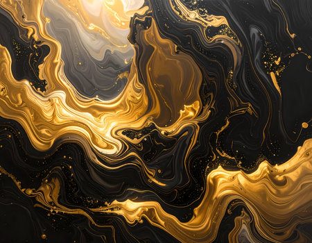 A luxurious abstract background of gold and black marble texture. elegant liquid art with flowing, swirling effect creates sophisticated and rich design for wallpaper or coverの素材