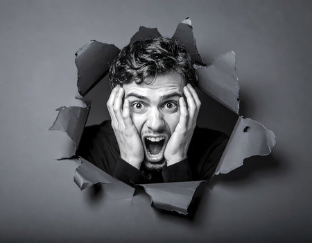 A portrait of scared, shocked man with an open mouth screaming in horror and fear. he breaks through paper, his face showing intense panic in black and whiteの素材