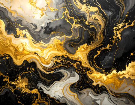 An elegant abstract background with luxury gold and black marble texture. creative liquid ink art design featuring dynamic flowing wave pattern for modern, opulent feelの素材