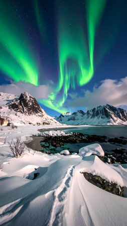 Majestic green aurora borealis northern light in night sky. winter snow mountain landscape with footprints leading to frozen lakeの素材