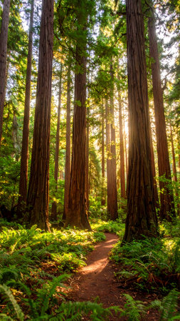Serene and peaceful forest path with green fern and sunlight streaming through giant redwood tree. Nature landscape for hiking and travelの素材