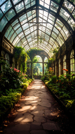 Serene botanical garden path inside greenhouse with an arched glass roof. Lush plant, flower, and foliage growing in warm sun lightの素材