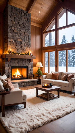Cozy winter home interior with rustic stone fireplace. Warm room features burning fire, creating an inviting and peaceful feelingの素材