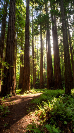 Serene sunbeam light in giant redwood tree forest in California. green nature path winds through tall ancient woods for peaceful hikeの素材
