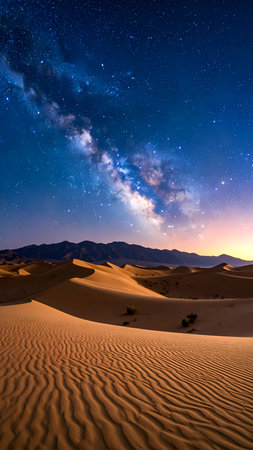 Serene desert landscape with sand dune under starry night sky. awe inspiring milky way galaxy glows above distant mountain rangeの素材