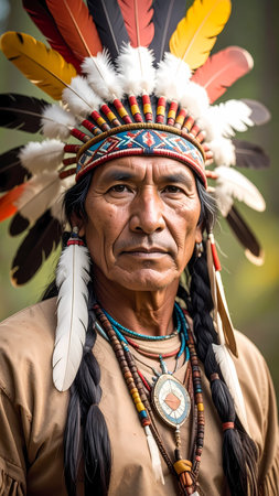 Serious portrait of an indigenous elder man wearing traditional feather headdress outdoors. Native American chief looking camera with stoicの素材