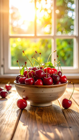 Peaceful bowl of fresh red cherry fruit on rustic wood table. Bright warm summer sunlight streams through window in backgroundの素材