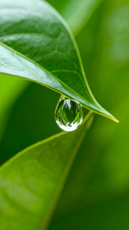 Serene macro detail of pure water droplet hanging from vibrant green leaf. symbol of nature, freshness, and clean environmentの素材
