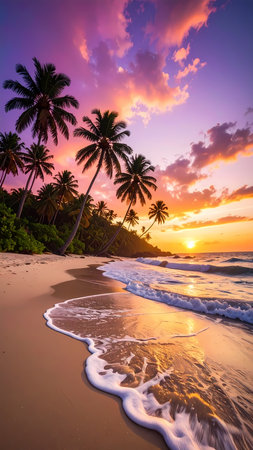 Serene tropical beach at sunset with colorful sky. Palm tree silhouette and ocean wave on sand create peaceful and beautiful viewの素材