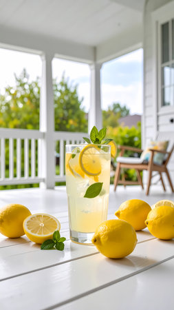 Refreshing glass of cold lemonade with lemon slice and mint on white porch table. cool summer drink for relaxing outdoor afternoonの素材